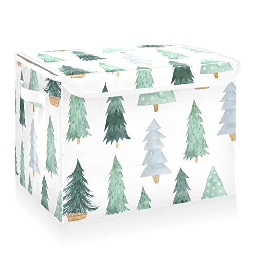 CaTaKu Forest Pine Christmas Storage Bins with Lids and Handles, Fabric Large Storage Container Cube Basket with Lid Decorative Storage Boxes for Organizing Clothes