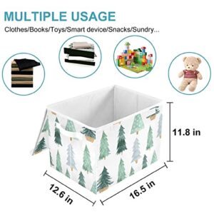 CaTaKu Forest Pine Christmas Storage Bins with Lids and Handles, Fabric Large Storage Container Cube Basket with Lid Decorative Storage Boxes for Organizing Clothes