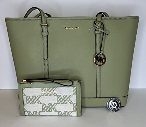 Michael Kors Jet Set Travel Large TZ Shoulder Tote bundled with Double Zip Wristlet and Purse Hook (Light Sage/MK)