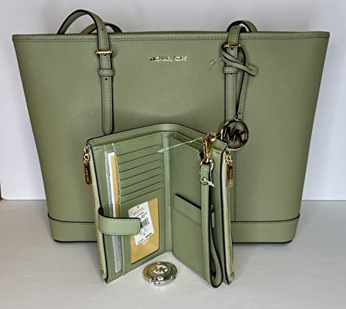 Michael Kors Jet Set Travel Large TZ Shoulder Tote bundled with Double Zip Wristlet and Purse Hook (Light Sage/MK)