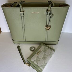 Michael Kors Jet Set Travel Large TZ Shoulder Tote bundled with Double Zip Wristlet and Purse Hook (Light Sage/MK)