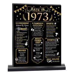 kihraw 50th birthday party decoration, black gold back in 1973 table sign with base plate, 50 year old birthday party supplies, vintage 1973 display holder table decorations for men women