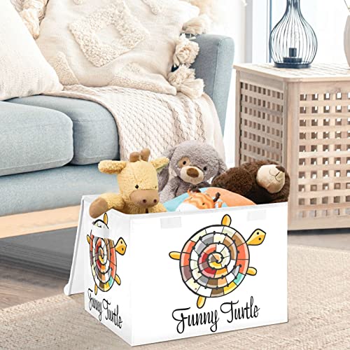 CaTaKu Funny Cartoon Turtle Storage Bins with Lids and Handles, Fabric Large Storage Container Cube Basket with Lid Decorative Storage Boxes for Organizing Clothes