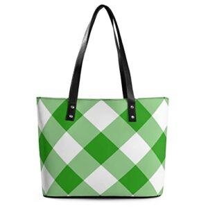 Womens Handbag Green White Plaid Pattern Leather Tote Bag Top Handle Satchel Bags For Lady