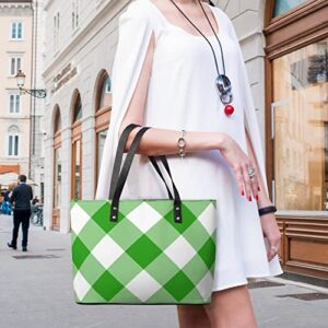 Womens Handbag Green White Plaid Pattern Leather Tote Bag Top Handle Satchel Bags For Lady