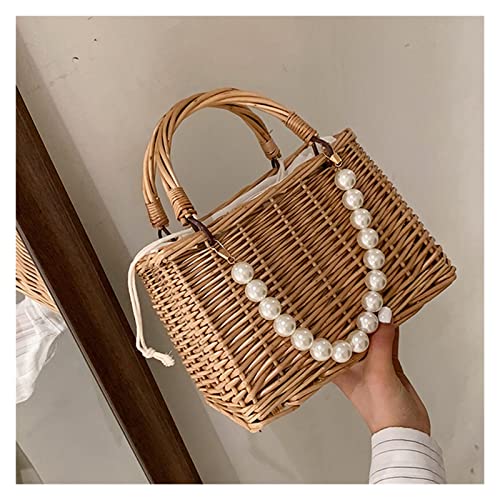 QUUL Lace Purses Handbags Women Summer Rattan Handmade Tote Bags Ladies Ribbons Beach Basket Bag Pearl Beads