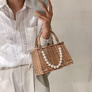 QUUL Lace Purses Handbags Women Summer Rattan Handmade Tote Bags Ladies Ribbons Beach Basket Bag Pearl Beads