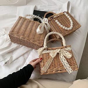 QUUL Lace Purses Handbags Women Summer Rattan Handmade Tote Bags Ladies Ribbons Beach Basket Bag Pearl Beads