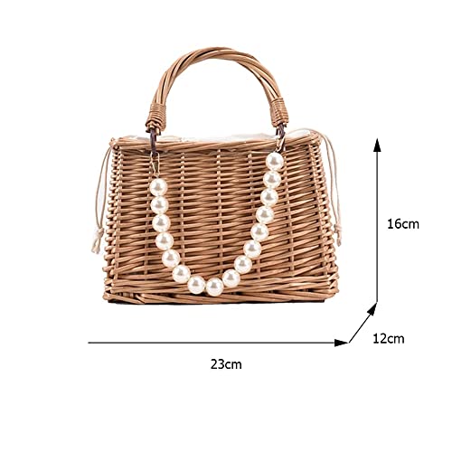 QUUL Lace Purses Handbags Women Summer Rattan Handmade Tote Bags Ladies Ribbons Beach Basket Bag Pearl Beads