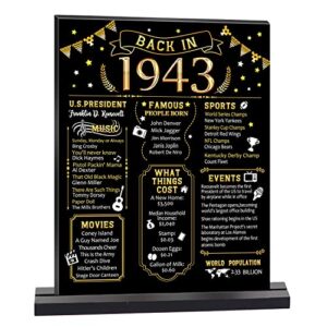 kihraw 80th birthday party decoration, black gold back in 1943 table sign with base plate, 80 year old birthday party supplies, vintage 1943 display holder table decorations for men women