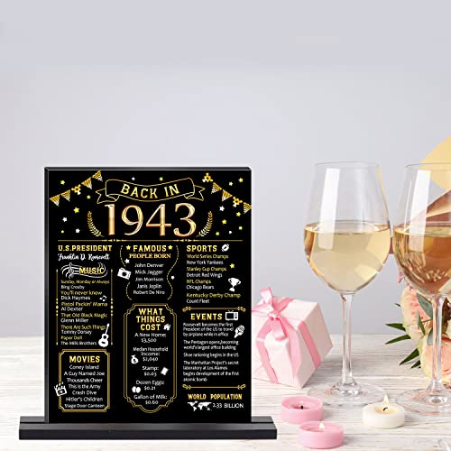 Kihraw 80th Birthday Party Decoration, Black Gold Back in 1943 Table Sign with Base Plate, 80 Year Old Birthday Party Supplies, Vintage 1943 Display Holder Table Decorations for Men Women