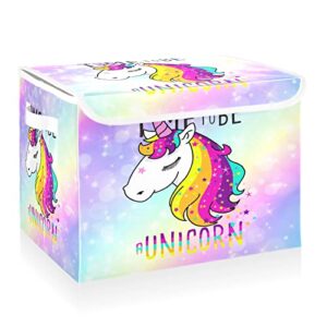 cataku unicorn rainbow storage bins with lids and handles, fabric large storage container cube basket with lid decorative storage boxes for organizing clothes