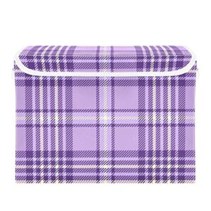 kigai storage basket purple square plaid storage boxes with lids and handle, large storage cube bin collapsible for shelves closet bedroom living room, 16.5×12.6×11.8 in
