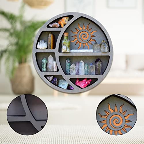 Cresent Moon Shelf, Crystal Shelf Display For Stones, Essential Oils & Whichy Decor, Wooden Crystal Holder For Meditation Decor, Moon Phase Floating Wall H-anging Decor For Living Room Bedroom 29x29CM
