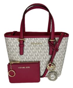 michael kors jet set travel xs carryall convertible top zip tote bundled with sm tz coinpouch and purse hook (carmine pink mk multi)