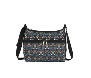 lesportsac cloistered jewels large hobo crossbody bag, style 3710/color e469, mosaic art tiles designed in colorful crest & flower motifs, vibrant jewel tones: ruby, azure, emerald