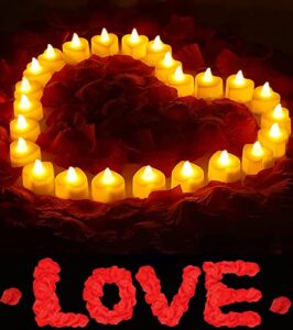 romantic decorations special night set, valentines day decor, 24 pieces led tea lights candles and 2000 pieces artificial rose petals for romantic night, valentine’s day, anniversary or table décor