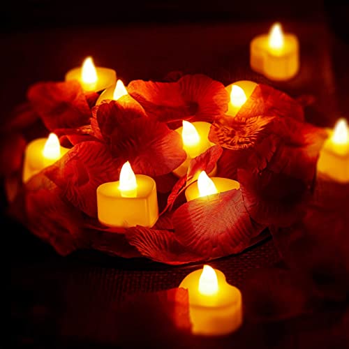 Romantic Decorations Special Night Set, Valentines Day Decor, 24 Pieces LED Tea Lights Candles and 2000 Pieces Artificial Rose Petals for Romantic Night, Valentine's Day, Anniversary or Table Décor