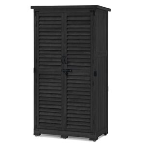 mcombo outdoor storage cabinet, garden storage shed, outside vertical shed with lockers, outdoor 63 inches wood tall shed for yard and patio 0870 (black)