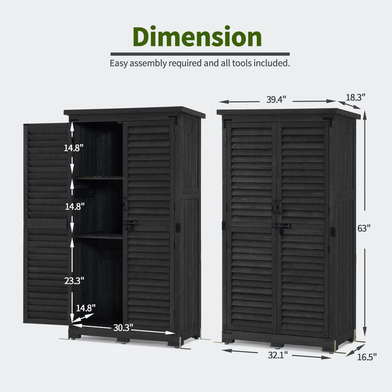 MCombo Outdoor Storage Cabinet, Garden Storage Shed, Outside Vertical Shed with Lockers, Outdoor 63 Inches Wood Tall Shed for Yard and Patio 0870 (Black)