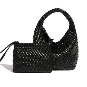 womens vegan leather woven handbag fashion handmade beach bag top-handle handbag bottega bag dupes naghedi hobo bag for women (black)