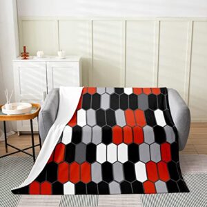 geometry hexagon flannel blanket,kids adults black red white honeycomb bed blanket,gray modern abstract art fleece blanket for teens men room decor,microfiber fuzzy blanket,for chair/sofa,90″×90″
