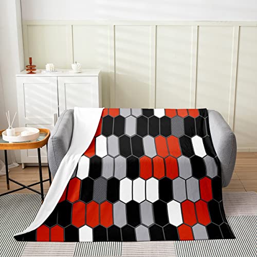 Geometry Hexagon Flannel Blanket,Kids Adults Black Red White Honeycomb Bed Blanket,Gray Modern Abstract Art Fleece Blanket for Teens Men Room Decor,Microfiber Fuzzy Blanket,for Chair/Sofa,90"×90"