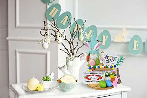 Easter Decorations-Easter Tiered Tray Decor-Easter Spring Table 2 Wooden Signs Gnomes Bunny,egg,Bead Garland Bundle-RusticTiered Tray Items (Easter Decorations)