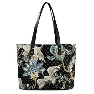 womens handbag japanese bird cranes leather tote bag top handle satchel bags for lady