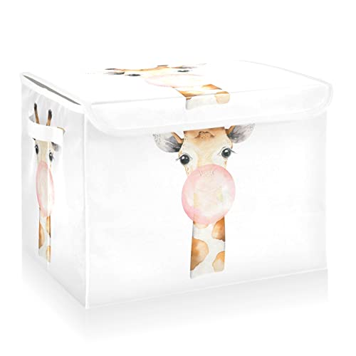 CaTaKu Giraffe Cartoon Cute Storage Bins with Lids and Handles, Fabric Large Storage Container Cube Basket with Lid Decorative Storage Boxes for Organizing Clothes