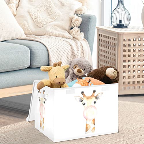 CaTaKu Giraffe Cartoon Cute Storage Bins with Lids and Handles, Fabric Large Storage Container Cube Basket with Lid Decorative Storage Boxes for Organizing Clothes