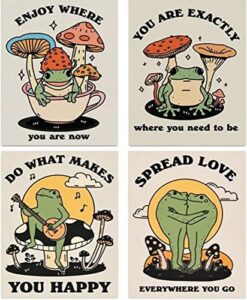retro poster wall art print retro frog posters,retro positive quote, positive self care mushroom illustration,wall art canvas for living room bedroom kids room decorate room home decor,gift.set of 4(unframed,8”x10”inches).