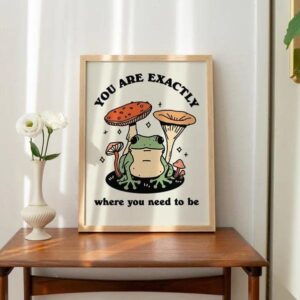 Retro Poster Wall Art Print Retro Frog Posters,Retro Positive Quote, Positive Self Care Mushroom Illustration,Wall Art Canvas for Living Room Bedroom Kids Room Decorate Room Home Decor,Gift.Set of 4(Unframed,8”X10”inches).