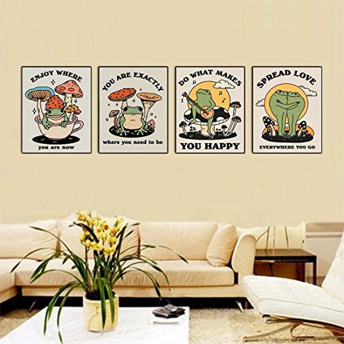 Retro Poster Wall Art Print Retro Frog Posters,Retro Positive Quote, Positive Self Care Mushroom Illustration,Wall Art Canvas for Living Room Bedroom Kids Room Decorate Room Home Decor,Gift.Set of 4(Unframed,8”X10”inches).