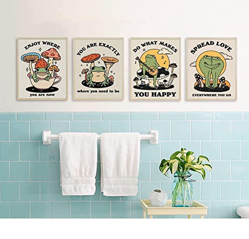 Retro Poster Wall Art Print Retro Frog Posters,Retro Positive Quote, Positive Self Care Mushroom Illustration,Wall Art Canvas for Living Room Bedroom Kids Room Decorate Room Home Decor,Gift.Set of 4(Unframed,8”X10”inches).