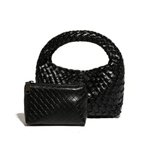 womens vegan leather woven handbags handmade beach bag top-handle handbag bottega bag dupes naghedi hobo bags for women (black)