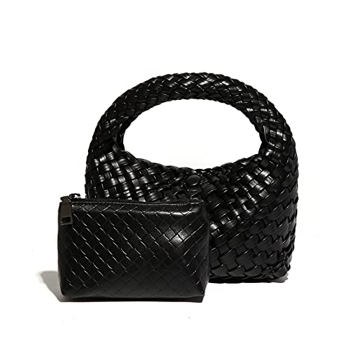 Womens Vegan Leather woven handbags Handmade Beach Bag Top-handle Handbag bottega bag dupes naghedi hobo bags for women (Black)