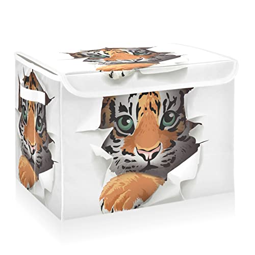 CaTaKu Animal Cute Tiger Storage Bins with Lids and Handles, Fabric Large Storage Container Cube Basket with Lid Decorative Storage Boxes for Organizing Clothes