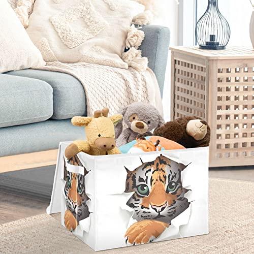 CaTaKu Animal Cute Tiger Storage Bins with Lids and Handles, Fabric Large Storage Container Cube Basket with Lid Decorative Storage Boxes for Organizing Clothes