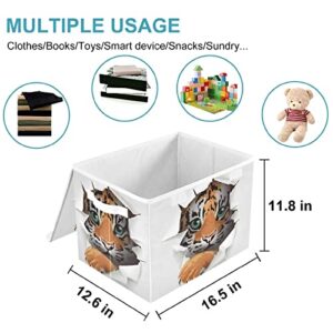 CaTaKu Animal Cute Tiger Storage Bins with Lids and Handles, Fabric Large Storage Container Cube Basket with Lid Decorative Storage Boxes for Organizing Clothes