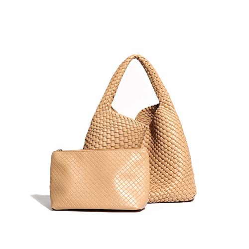 Womens Vegan Leather woven handbags Handmade Beach Bag Top-handle Handbag bottega bag dupes naghedi hobo bags for women (Apricot)