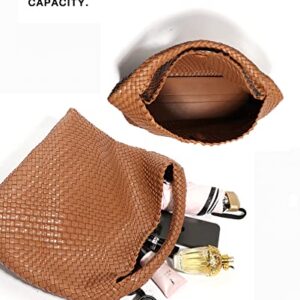 Womens Vegan Leather woven handbags Handmade Beach Bag Top-handle Handbag bottega bag dupes naghedi hobo bags for women (Apricot)