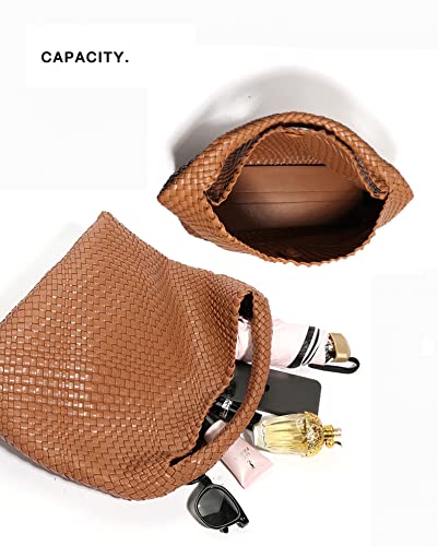 Womens Vegan Leather woven handbags Handmade Beach Bag Top-handle Handbag bottega bag dupes naghedi hobo bags for women (Apricot)