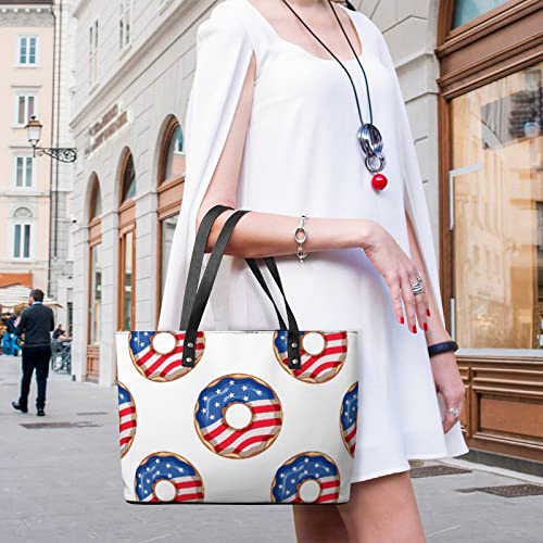 Womens Handbag Donut Pattern American Flag Leather Tote Bag Top Handle Satchel Bags For Lady