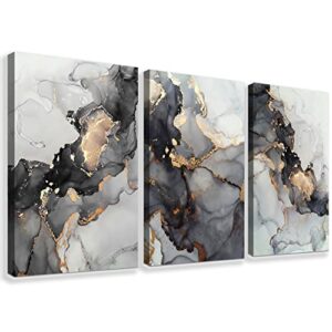 jgshjf 3 panel canvas wall art prints black and white grey abstract modern framed gold fluid lines ink painting marbling picture home bedroom decor print poster contemporary hanging artwork (12x16)