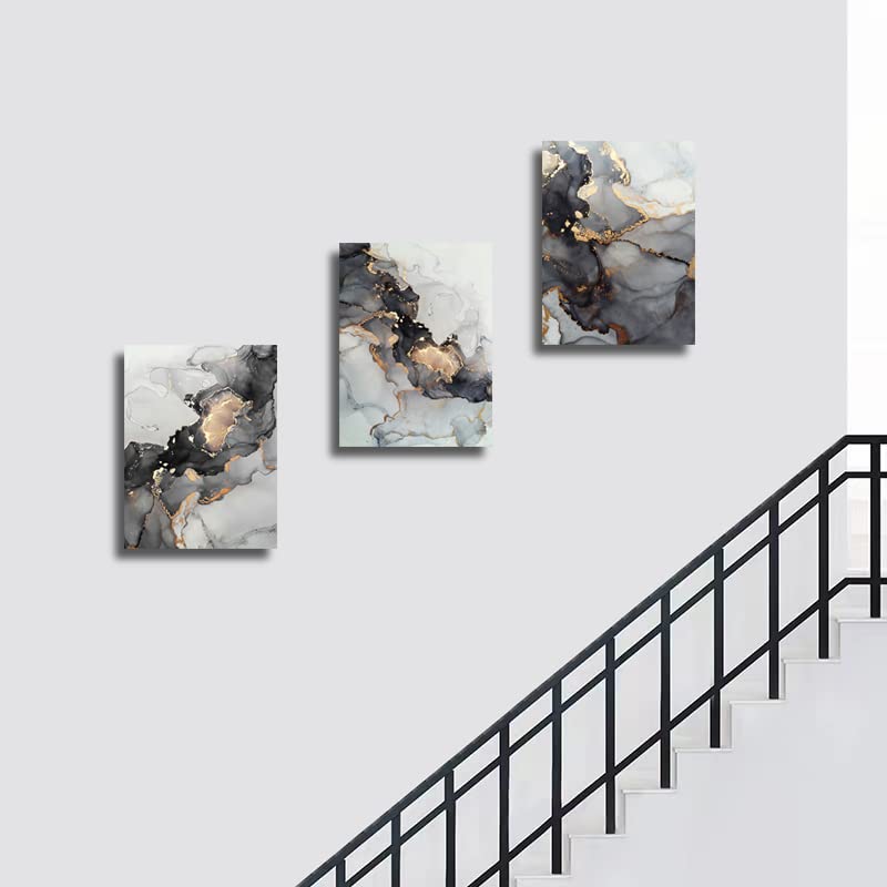 JGSHJF 3 Panel Canvas Wall Art Prints Black and White Grey Abstract Modern Framed Gold Fluid Lines Ink Painting Marbling Picture Home Bedroom Decor Print Poster Contemporary Hanging Artwork (12X16)