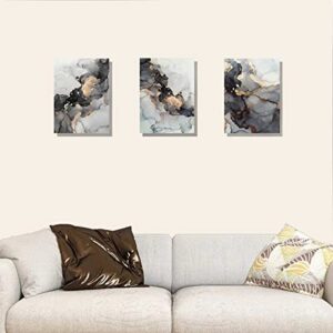 JGSHJF 3 Panel Canvas Wall Art Prints Black and White Grey Abstract Modern Framed Gold Fluid Lines Ink Painting Marbling Picture Home Bedroom Decor Print Poster Contemporary Hanging Artwork (12X16)