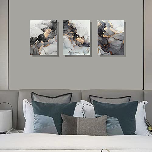 JGSHJF 3 Panel Canvas Wall Art Prints Black and White Grey Abstract Modern Framed Gold Fluid Lines Ink Painting Marbling Picture Home Bedroom Decor Print Poster Contemporary Hanging Artwork (12X16)