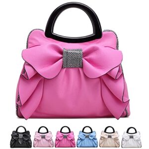 women leather waterproof bow knot top handle shoulder with zipper bags,fashion casual daily use tote bag (rose red)