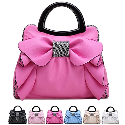 Women Leather Waterproof Bow Knot Top Handle Shoulder with Zipper Bags,Fashion Casual daily use Tote Bag (Rose Red)